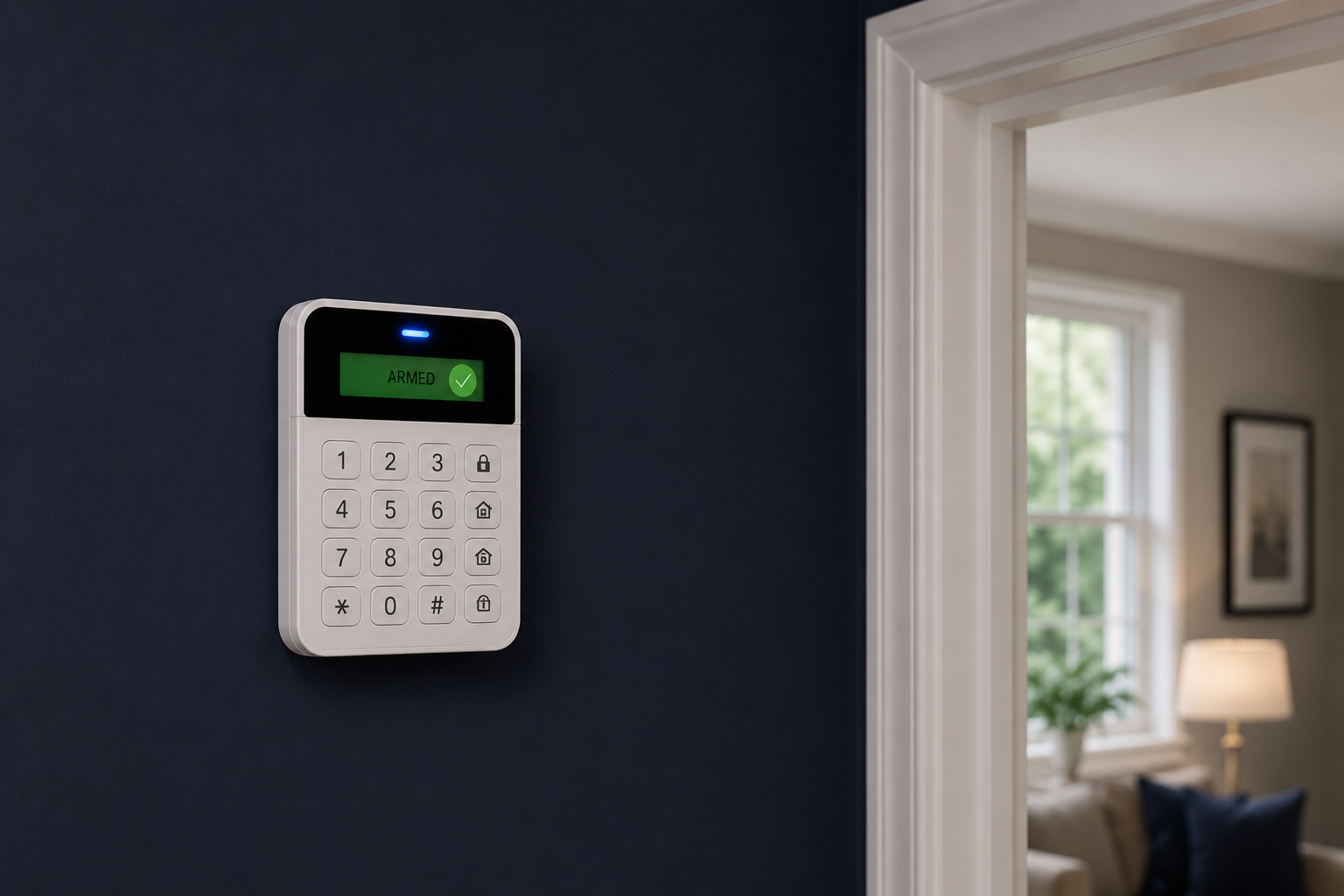 Intruder alarm system fitted on a UK home with a keypad and control panel